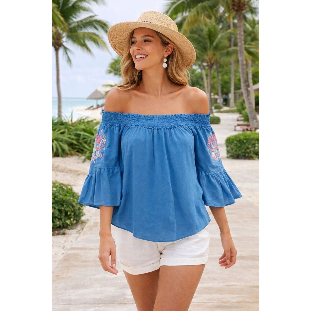 Lilly Pulitzer Shirt Blue Moira Bell Sleeve Embroidered Blouse XS Resort Vacay